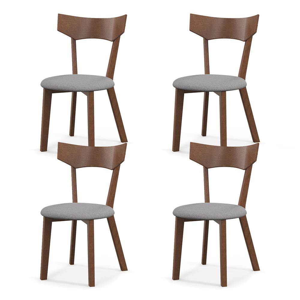 Walnut Wooden Kitchen Dining Chair with Curved Back Grey Cushioned Seat Mid Century Modern Side Chairs Set of 4