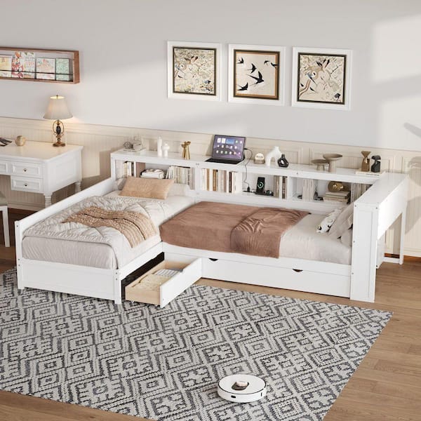 White Wood Frame Twin Size L-Shaped Platform Bed with Trundle and a Drawer