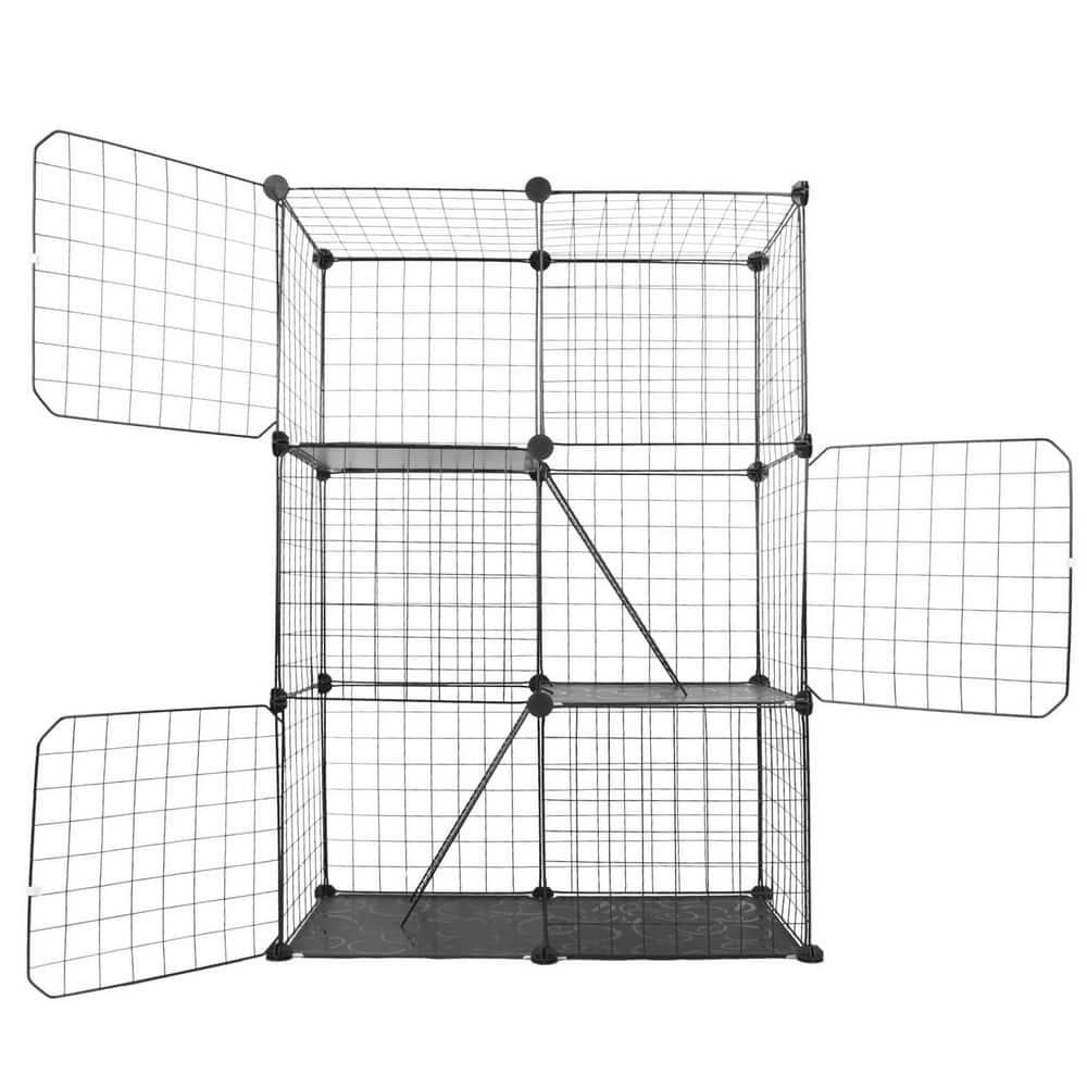 Large 3 Tier Cat Metal Fence Detachable Crate Kennel with 2 Ladders Large C