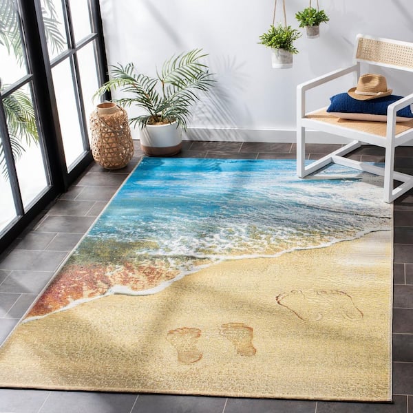 Barbados Gold/Blue 4 ft. x 6 ft. Nautical Beach Indoor/Outdoor Patio  Area Rug