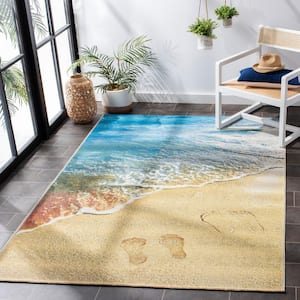 Barbados Gold/Blue 5 ft. x 8 ft. Nautical Beach Indoor/Outdoor Patio  Area Rug