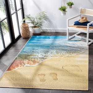 Barbados Gold/Blue 7 ft. x 7 ft. Nautical Beach Indoor/Outdoor Patio  Square Area Rug