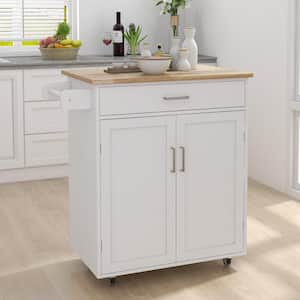 32.68 in. Wide Mobile White Kitchen Island Rolling Trolley Cart Wood Table Top Storage Cabinets with Locking Wheels