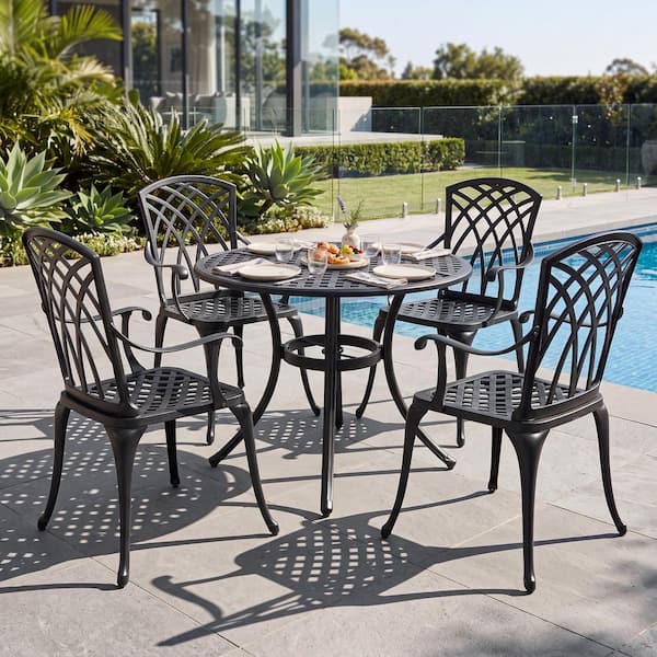 5 piece patio set with umbrella Homenjoy Dining Set, 35" Square HDPE Weather Resistant Outdoor Table & 4 Patio Chairs 1.96" Hole, Heavy Duty for Small Space Backyard Balcony, Black Patio dining set 5 pieces contains a table and four chairs Nuu Garden 5-Piece Metal Outdoor