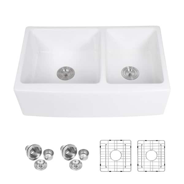 Nivencai 33 in. Farmhouse/Apron-Front Double Bowl White Ceramic Kitchen Sink with Accessories