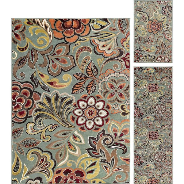 Tayse Rugs Deco Seafoam 5 ft. x 8 ft. Abstract 3-Piece Rug Set
