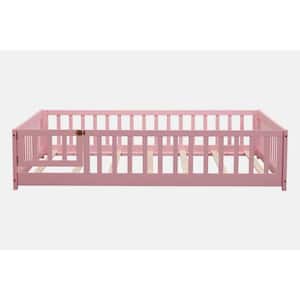 Pink Wood Frame Full Size Platform Bed with Fence without Door