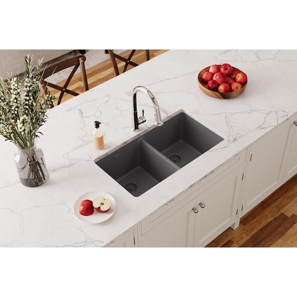 Quartz Classic 33 in. Undermount Double Bowl Dusk Gray Granite/Quartz Composite Kitchen Sink Only
