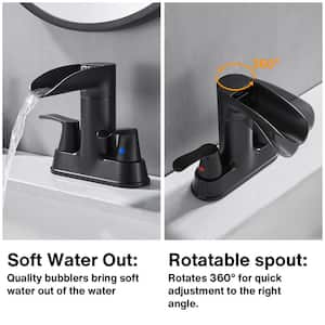 Rotatable 4 in. Centerset Double Bathroom Faucet with Drain kit Included Waterfall Lavatory in Matte Black