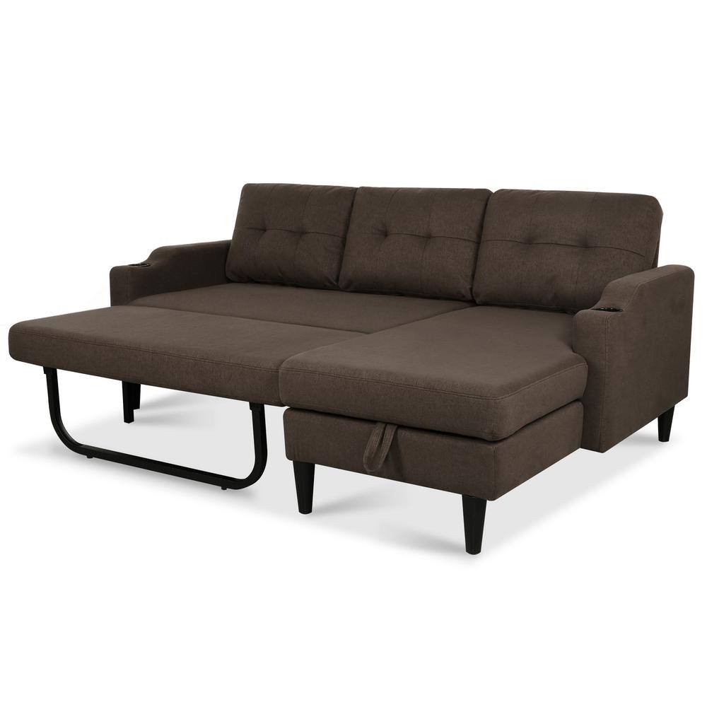 Brown Tufted Linen Fabric Sectional Sofa with Storage and Cup Holders