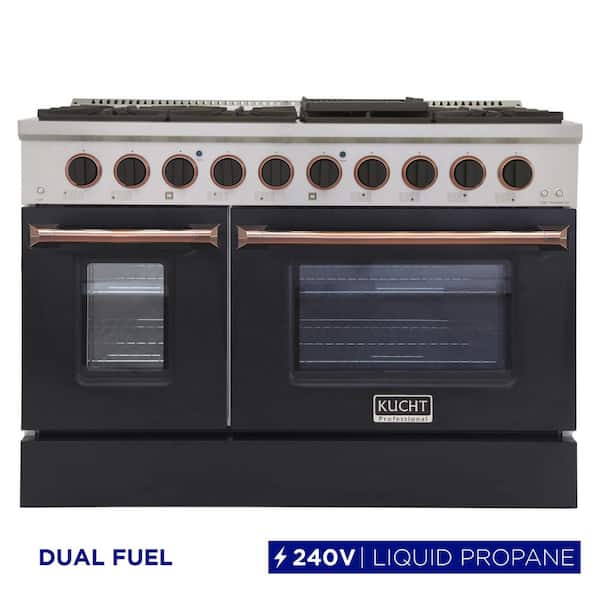 48 in. 6.7 cu. ft. LP ready Double Oven Dual Fuel Range with Gas Stove and Electric Oven in Black and Rose Gold