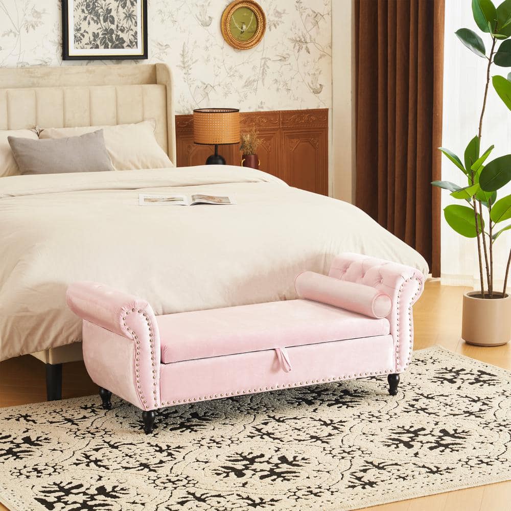Noble House Pink Velvet Storage Ottoman Bench with Pillow 111898 The Home Depot