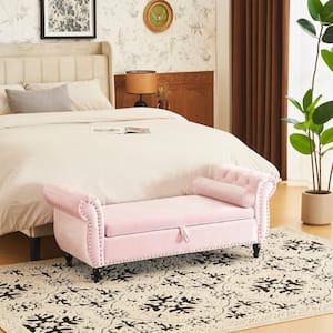 Pink Velvet Storage Ottoman Bench with Pillow