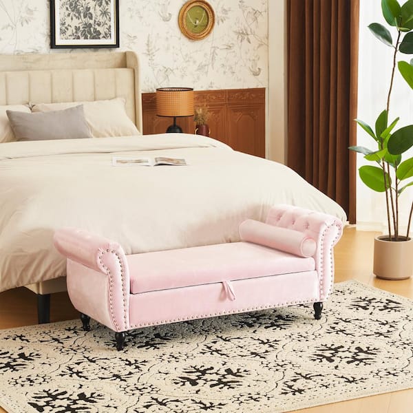 Noble House Pink Velvet Storage Ottoman Bench with Pillow
