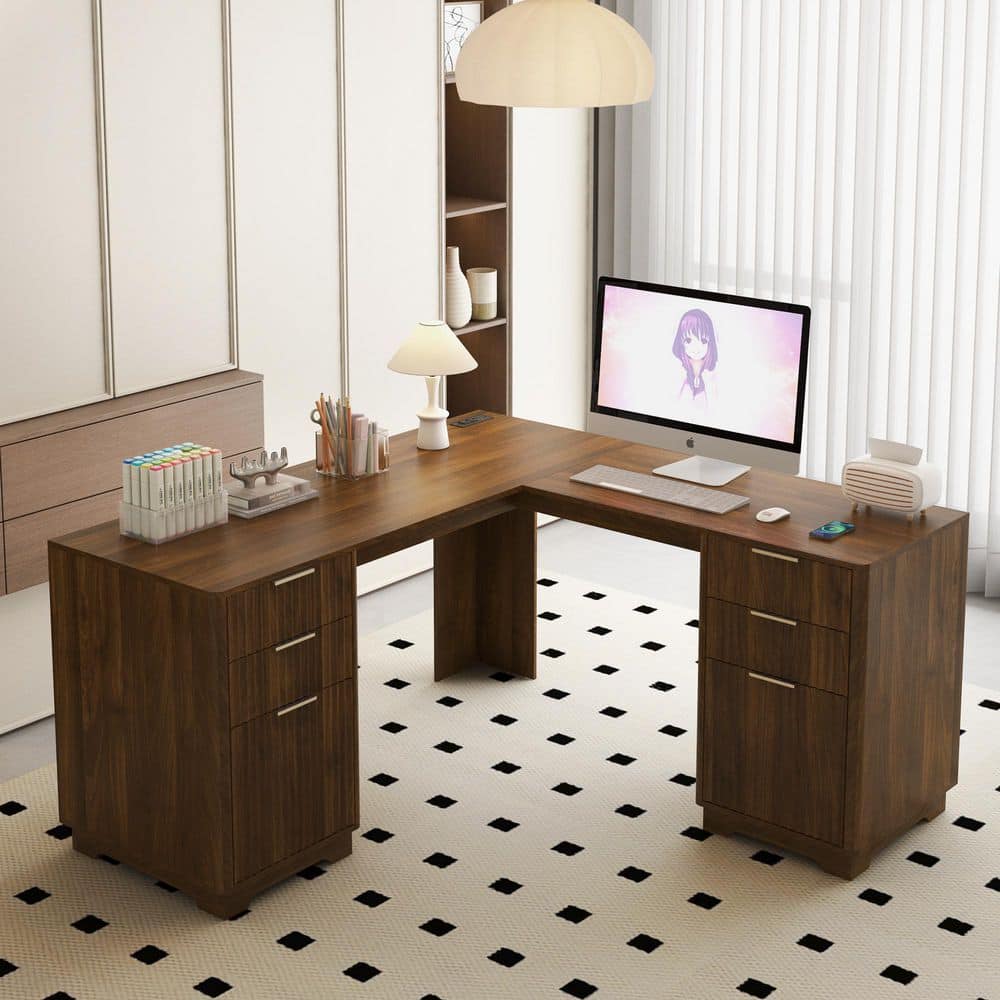 GOGEXX 60 in. W Brown MDF L Shaped Computer Desk with Drawers