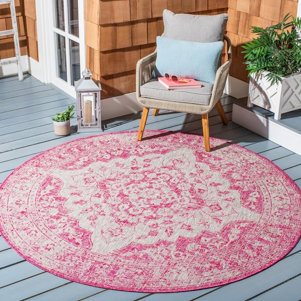 Courtyard Fuchsia/Gray 7 ft. x 7 ft. Floral Medallion Indoor/Outdoor Patio  Round Area Rug