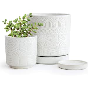 Modern Geometric Floral 4 in. L x 4 in. W x 4.2 in. H 2 qts. White Indoor Ceramic Planter 2 (-Pack)