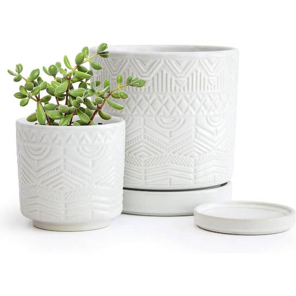 ITOPFOX Modern Geometric Floral 4 in. L x 4 in. W x 4.2 in. H 2 qts. White Indoor Ceramic Planter 2 (-Pack)