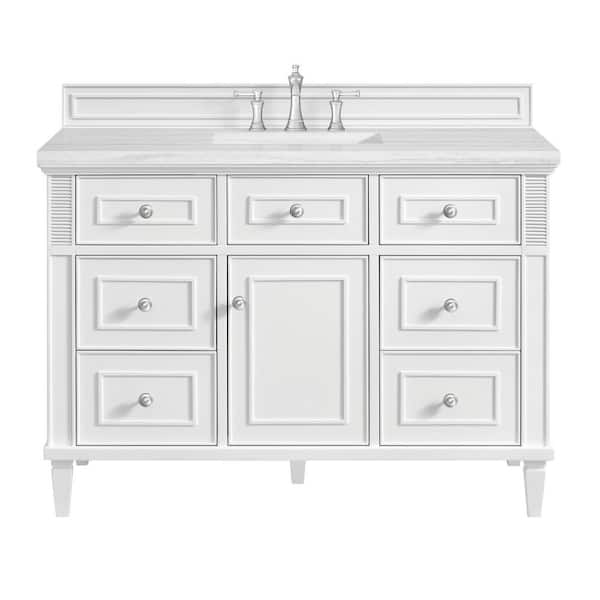 James Martin Vanities Lorelai 48.0 in. W x 23.5 in. D x 34.06 in. H Single Sink Bath Vanity in Bright White with Arctic Fall Solid Surface Top