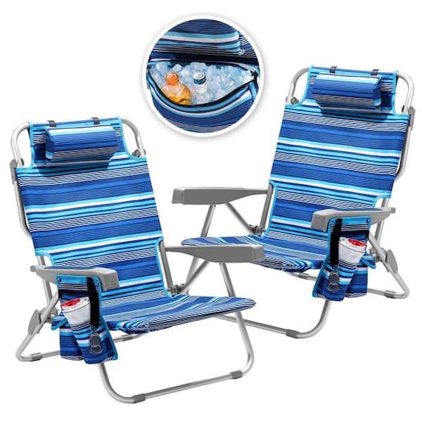 Striped Blue Aluminum Folding Adjustable Headrest Medium Beach Chair with (2-Pack)