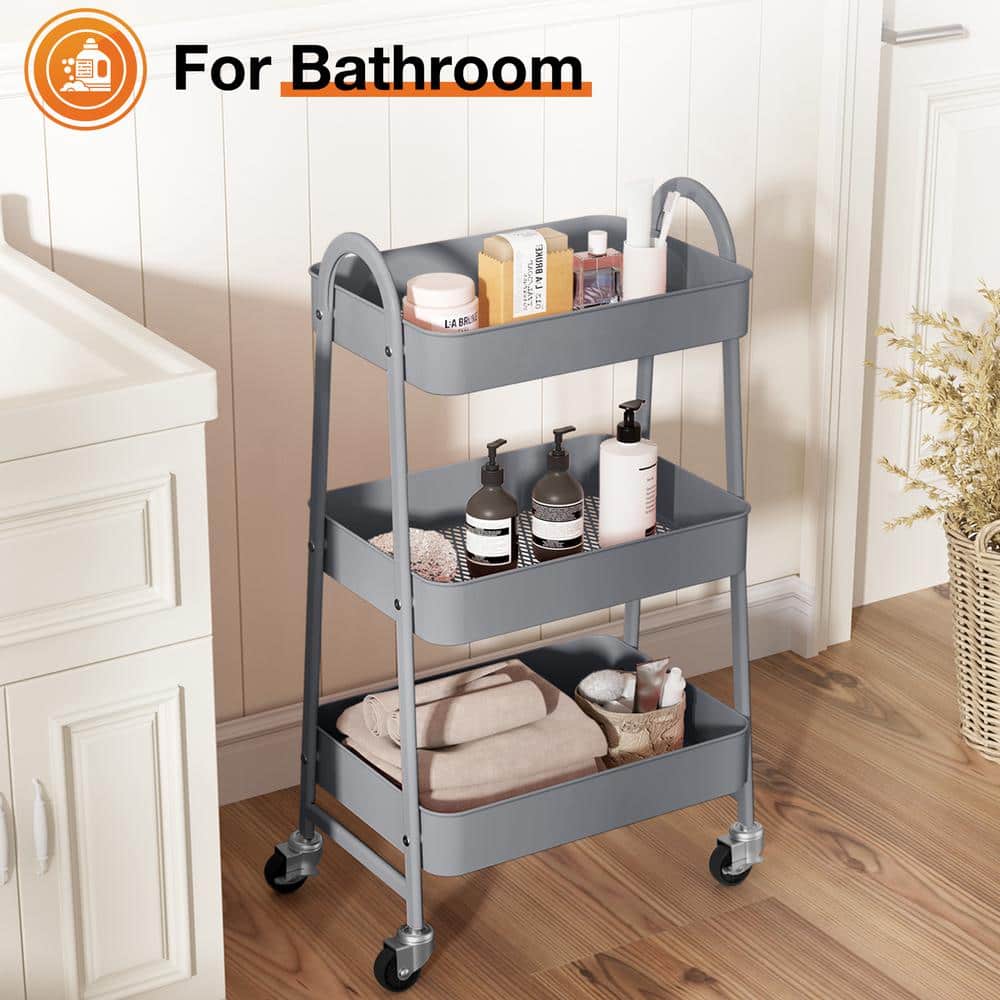 Gray Metal 3-Tier Rolling Kitchen Storage Cart