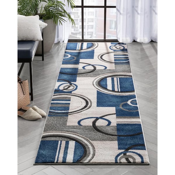 Dark Blue 2 ft. 7 in. x 9 ft. 10 in. Good Vibes Belle Modern Geometric Abstract Runner Area Rug