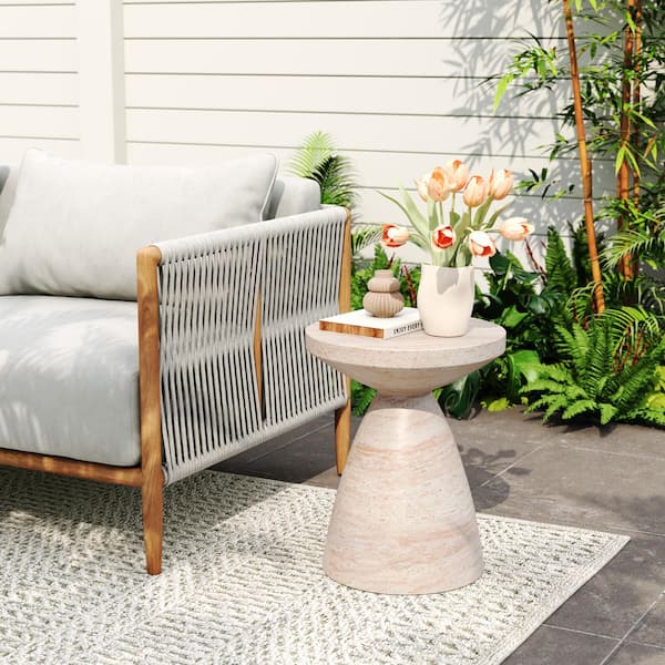 20.25 in. H Beige Composite Round Indoor and Outdoor Side Table w