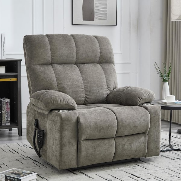 Grey Premium Dual Motor Chenille Power Lift Recliner with Massage and Heat, 2-Cup Holders, 350 lbs.