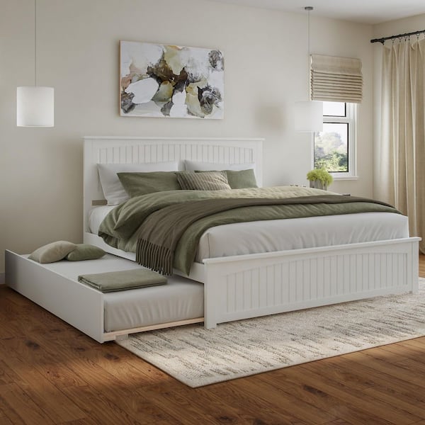 Nantucket White Solid Wood Frame King Platform Bed with Matching Footboard and Twin XL Trundle