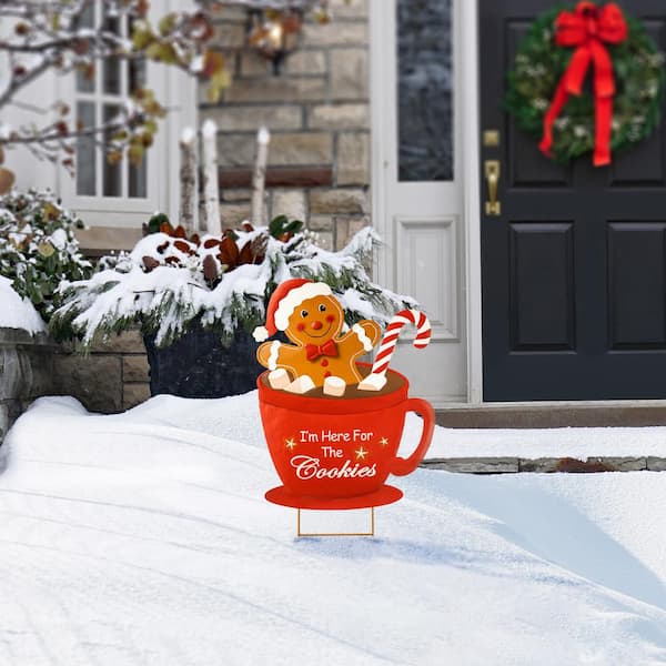 30.25 in. H Metal Gingerbread Man in Coffee Mug Yard Stake