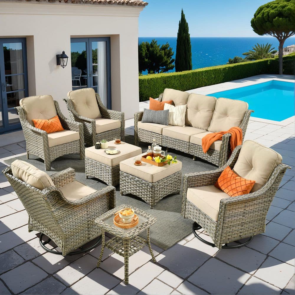 Palffy Gray 8-Piece Wicker Patio Conversation Seating Set with Beige Cushions and Swivel Rocking Chairs price history on PriceWatchPro
