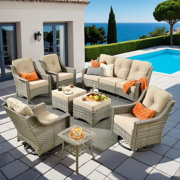 OVIOS Palffy Gray 8-Piece Wicker Patio Conversation Seating Set with Beige Cushions and Swivel Rocking Chairs
