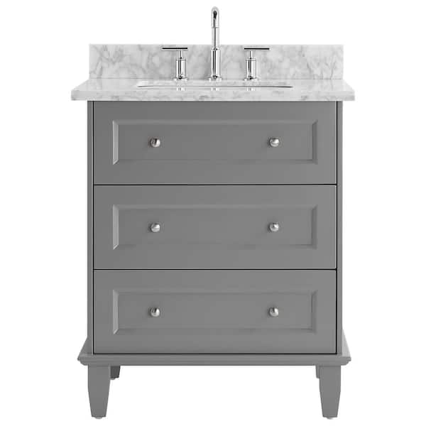 CHAMELEON CONCEPTS Lenore 30 in. W x 21 in. D x 34 in. H Single Sink Bath Vanity in Gray with Carrara Marble Top and Ceramic Basin