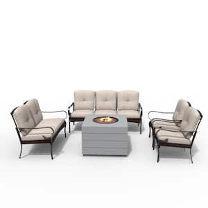 Flame 5-Piece Steel Patio Conversation Set Outdoor Square Firepit Table with Beige Cushions