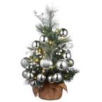 2 ft. Frosted Silver Pine Small Tree w/Silver Balls, Silver Berries and 35 Warm White Battery Operated LEDLights w/Timer