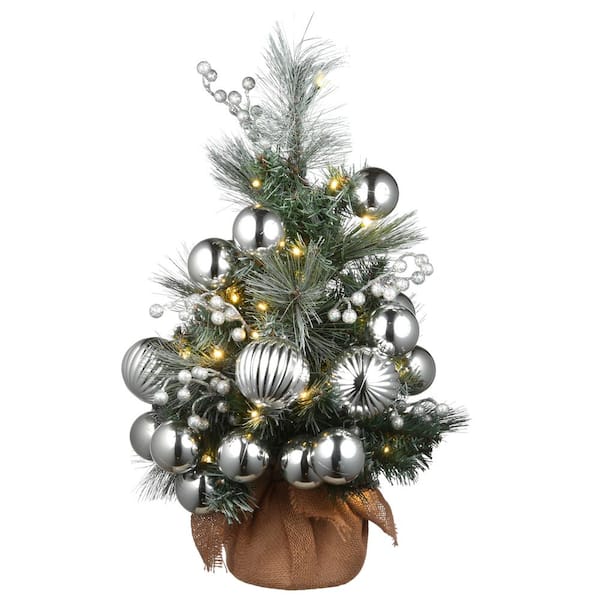 National Tree Company 2 ft. Frosted Silver Pine Small Tree w/Silver Balls, Silver Berries and 35 Warm White Battery Operated LEDLights w/Timer