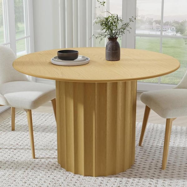 Cylindrical Natural Colored Wood 52 in. Column Base Recessed Rounded Edge Dining Table for 6