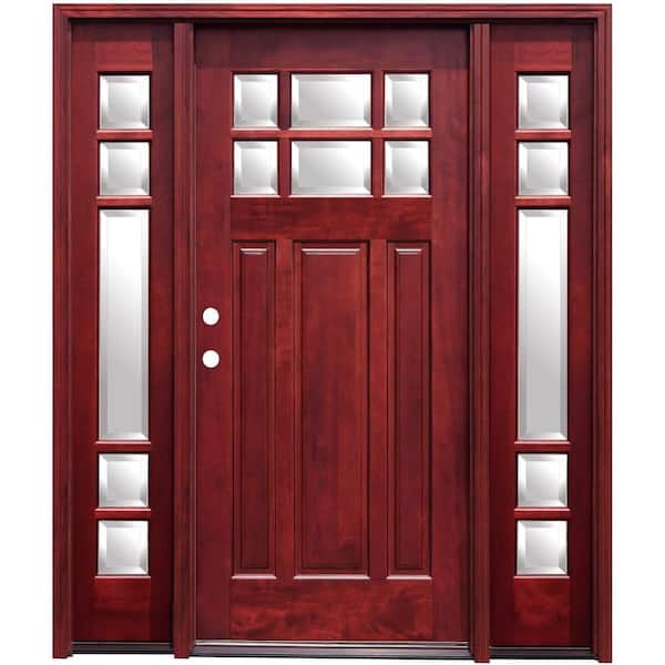 Pacific Entries 70 in. x 80 in. Craftsman 6 Lite Stained Mahogany Wood Prehung Front Door with 6 in. Wall Series and 14 in. Sidelites