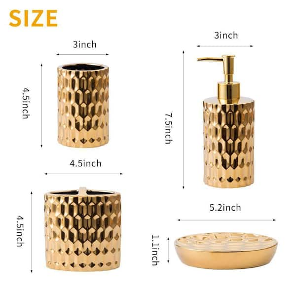 Dracelo 4-Piece Bathroom Accessory Set with Toothbrush Cup, Soap Dispenser, Soap Dish, Tumbler in Gold