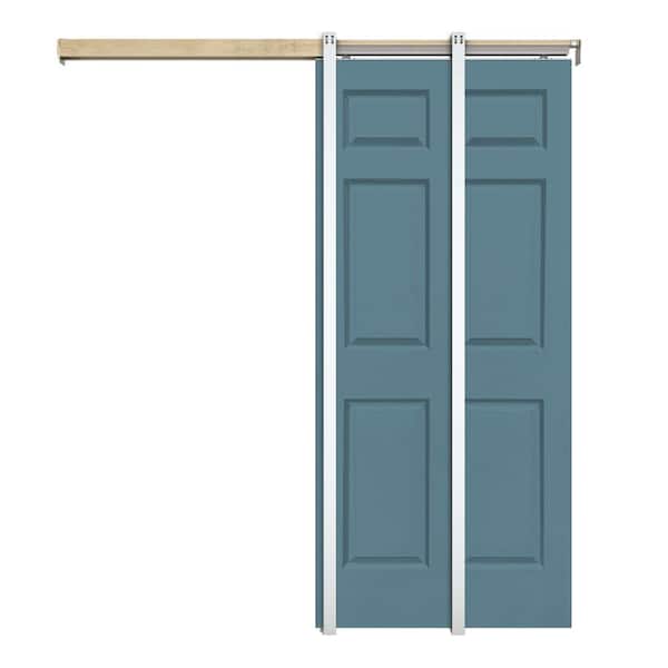 CALHOME Dignity Blue 36 in. x 80 in. Painted Composite MDF 6PANEL Interior Sliding Door with Pocket Door Frame and Hardware Kit
