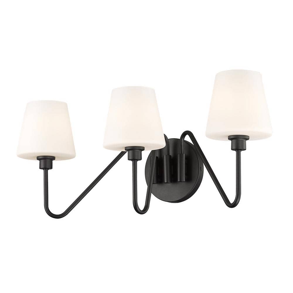 Kennedy Black Dimmable 3-Light Bath Vanity with Opal Glass Shades