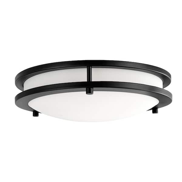 1-Light LED Flush Mount Ceiling Light in Black Finish with White Frosted Glass Shade 10 in