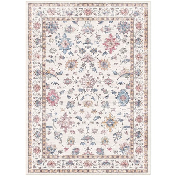 Mystery Garden Beige 5 ft. x 7 ft. Distressed Vintage Floral Washable Area Rug