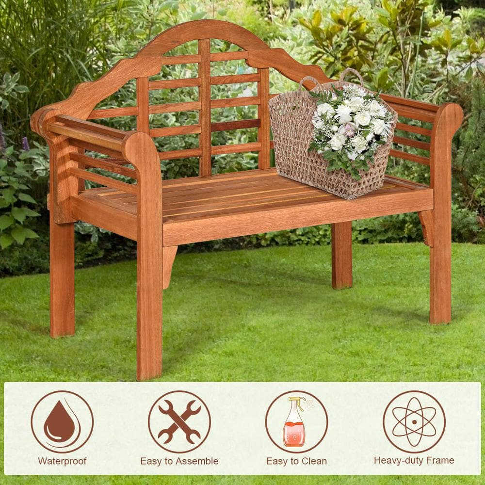 49" Eucalyptus Wood Outdoor Folding Bench with Backrest and Armrest