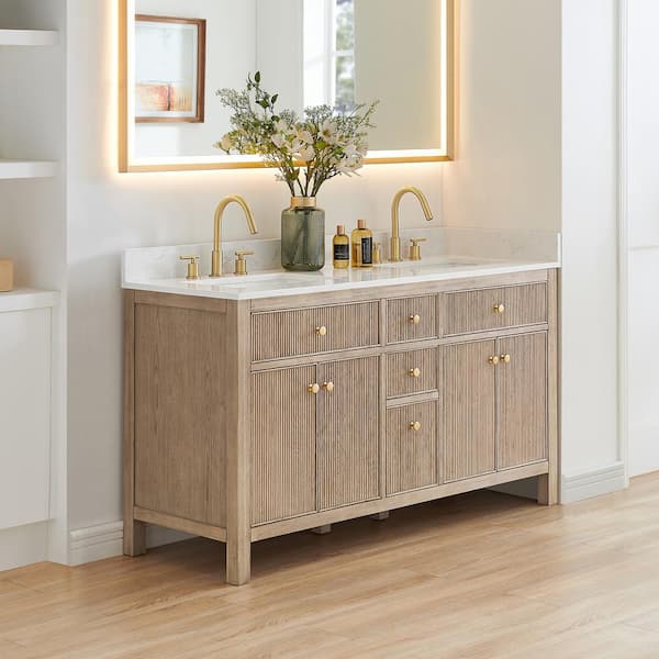 Cerrito 60 in. Double Sink Freestanding Nature Oak Bath Vanity with Grain White Engineered Stone Top Assembled