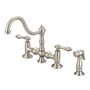 2-Handle Bridge Kitchen Faucet with Plastic Side Sprayer in Brushed Nickel