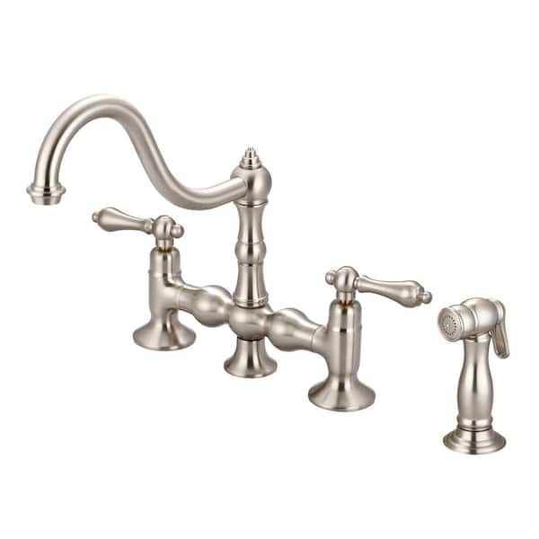 Water Creation 2-Handle Bridge Kitchen Faucet with Plastic Side Sprayer in Brushed Nickel