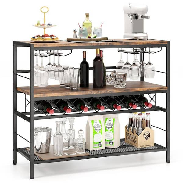 Loft 7-Bottle Rustic Brown Wood Metal Wine Bar Table