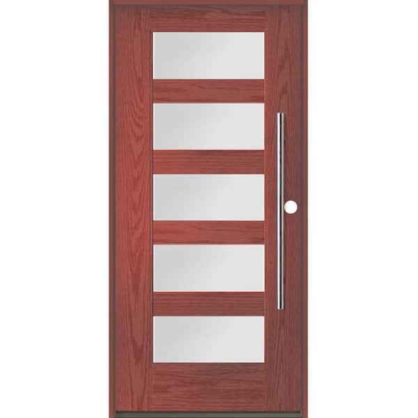 Krosswood Doors Modern Faux Pivot 36 in. x 80 in. 5 Lite Left-Hand/Inswing Satin Glass Redwood Stain Fiberglass Prehung Front Door
