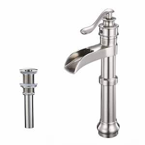 Single Handle Single Hole Brass Waterfall Bathroom Vessel Sink Faucet with Pop-Up Drain Kit in Brushed Nickel
